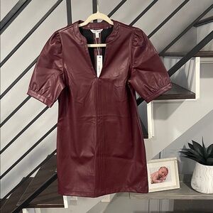 Steve Madden Puffed Short Sleeve Mini Sheath Dress Burgundy Wine Faux Leather S